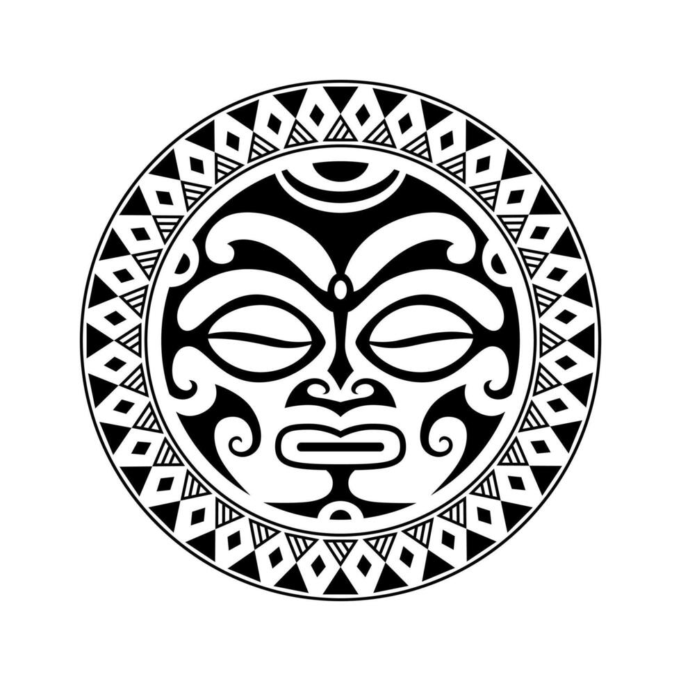 Round tattoo ornament with sun face maori style. African, aztecs or mayan ethnic mask. vector