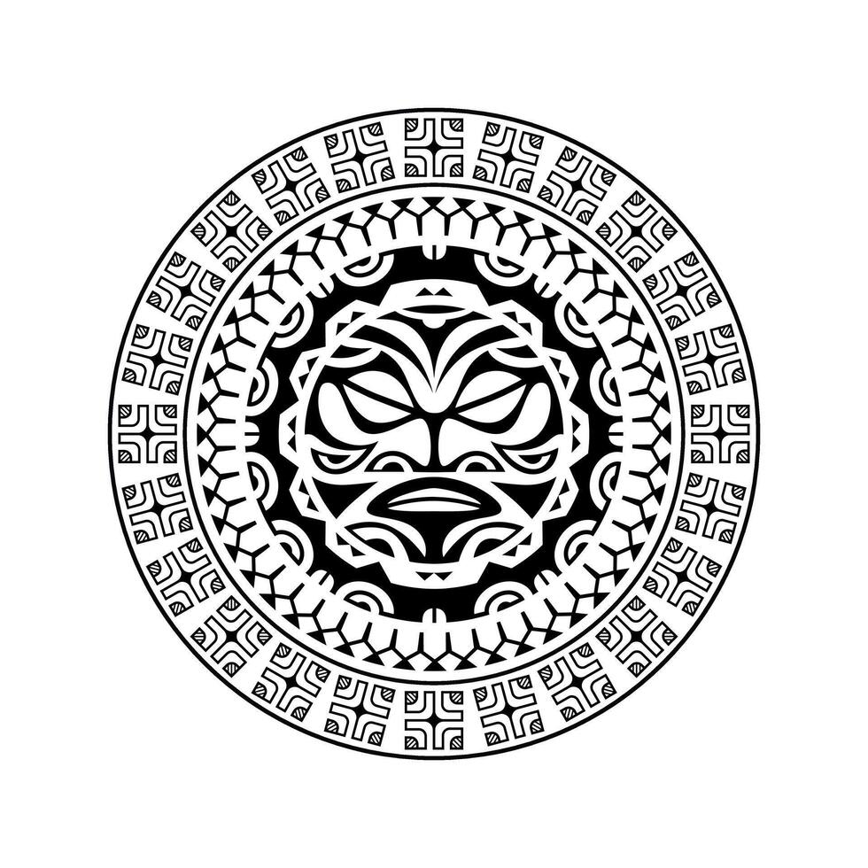 Round tattoo ornament with sun face maori style. African, aztecs or mayan ethnic mask. vector