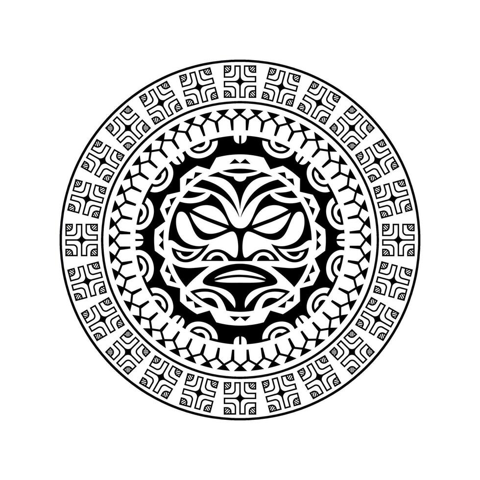 Round tattoo ornament with sun face maori style. African, aztecs or mayan ethnic mask. vector