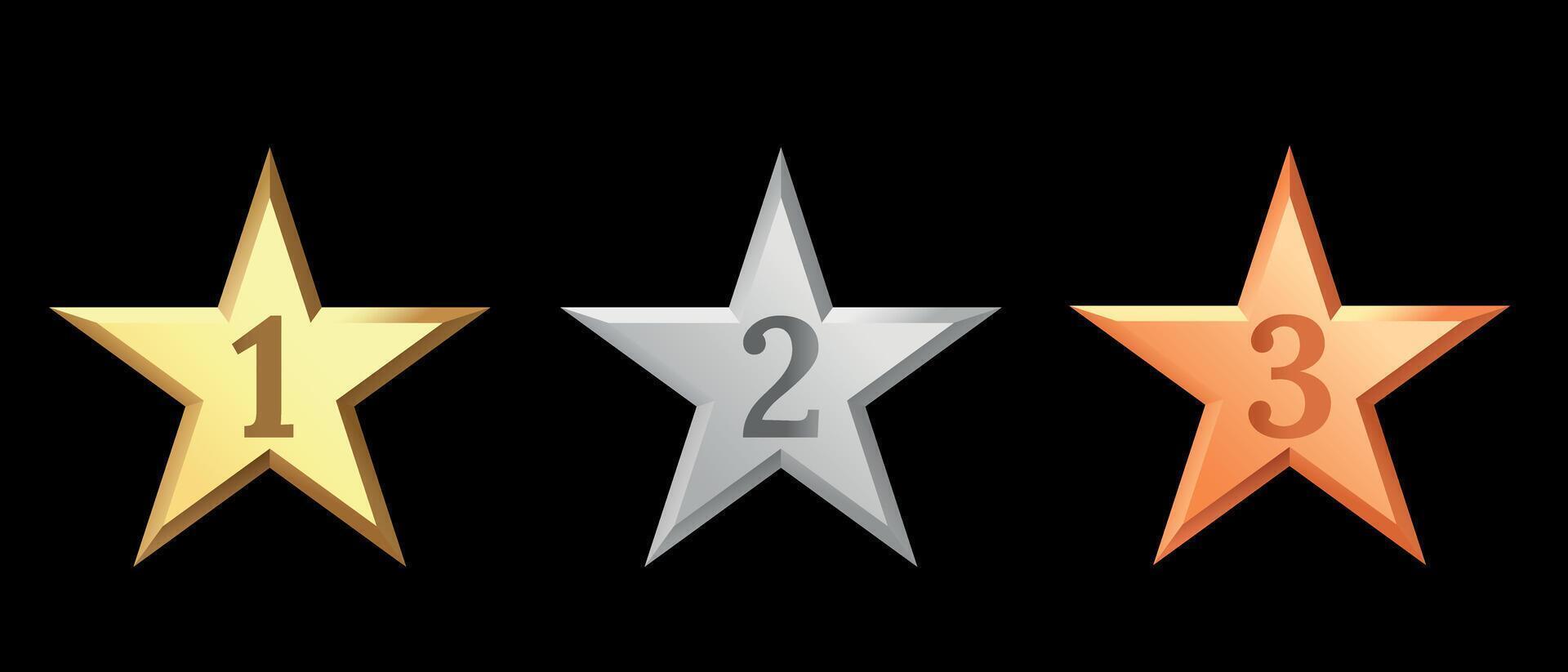 Golden, bronze, silver glossy metallic stars 3d realistic style. 1, 2, 3 place symbols. vector