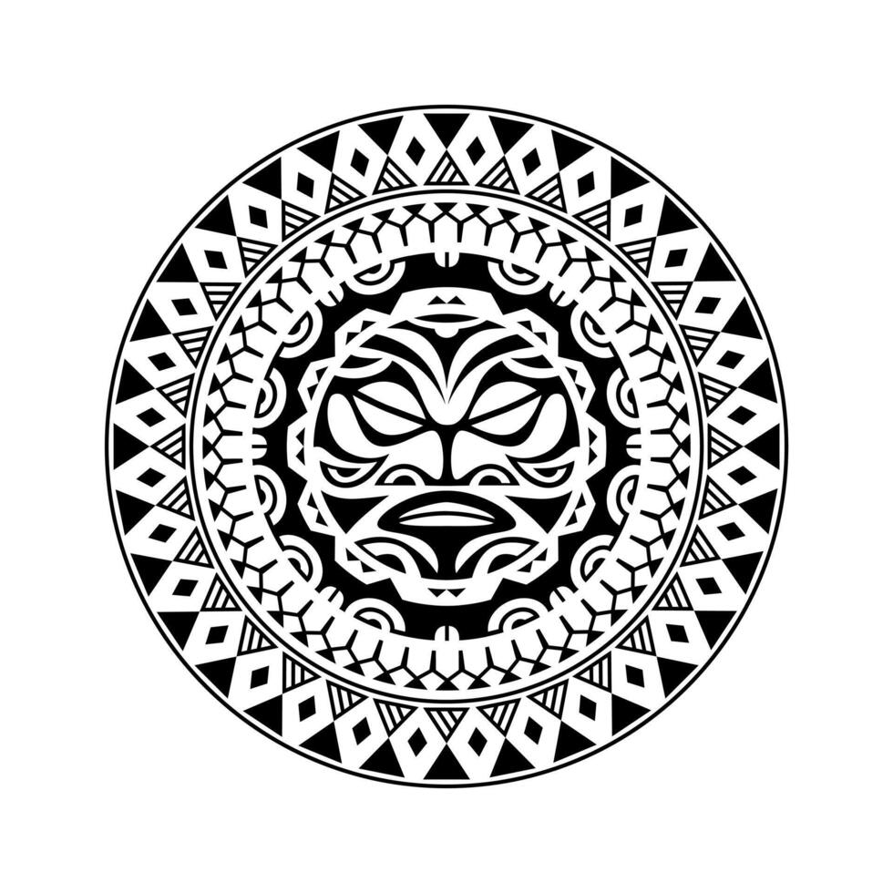 Round tattoo ornament with sun face maori style. African, aztecs or mayan ethnic mask. vector