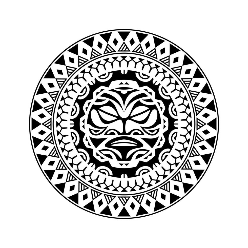 Round tattoo ornament with sun face maori style. African, aztecs or mayan ethnic mask. vector