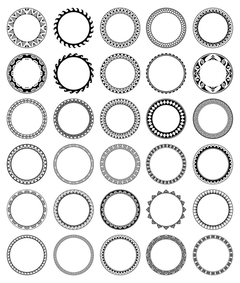 Big set of Round geometrical maori border frame design. Simple. Black and white collection. vector