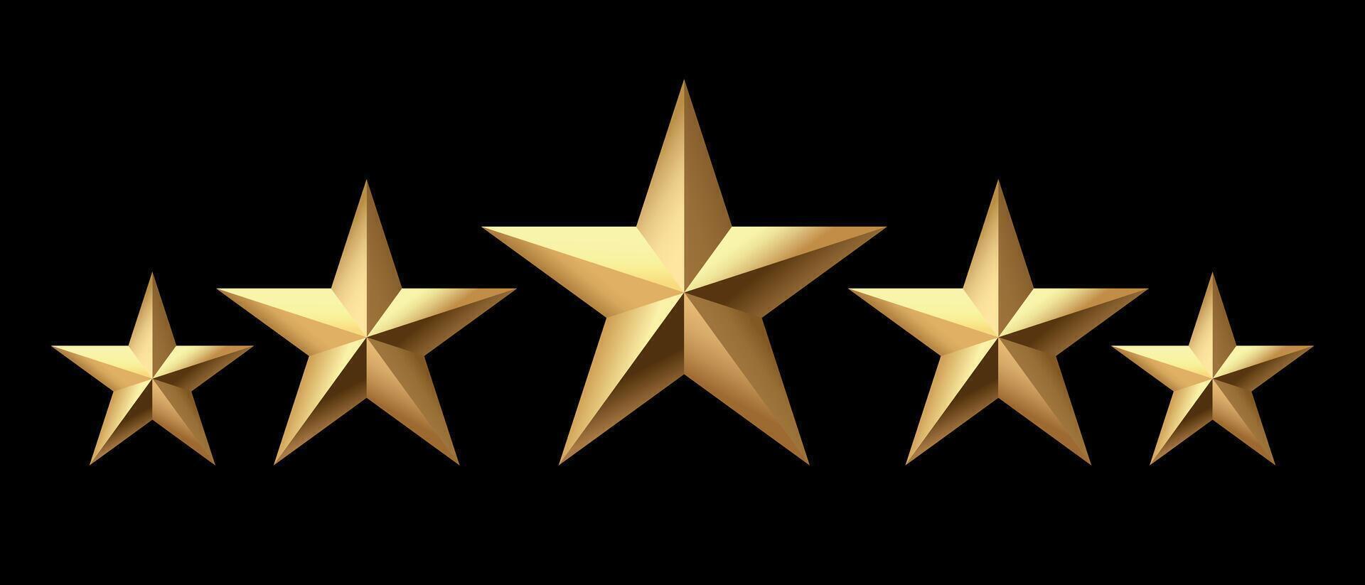 Five golden stars isolated on black background. Rating stars icon. black background vector