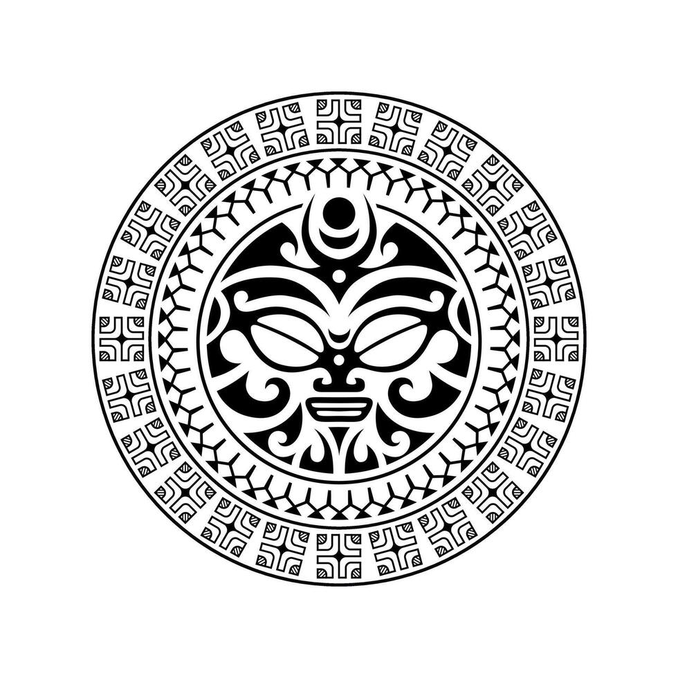 adorno de tatuaje redondo con cara de sol estilo maorí. máscara étnica africana, azteca o maya. vector