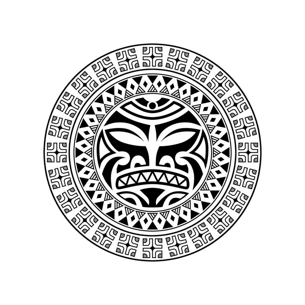 Round tattoo ornament with sun face maori style. African, aztecs or mayan ethnic mask. vector