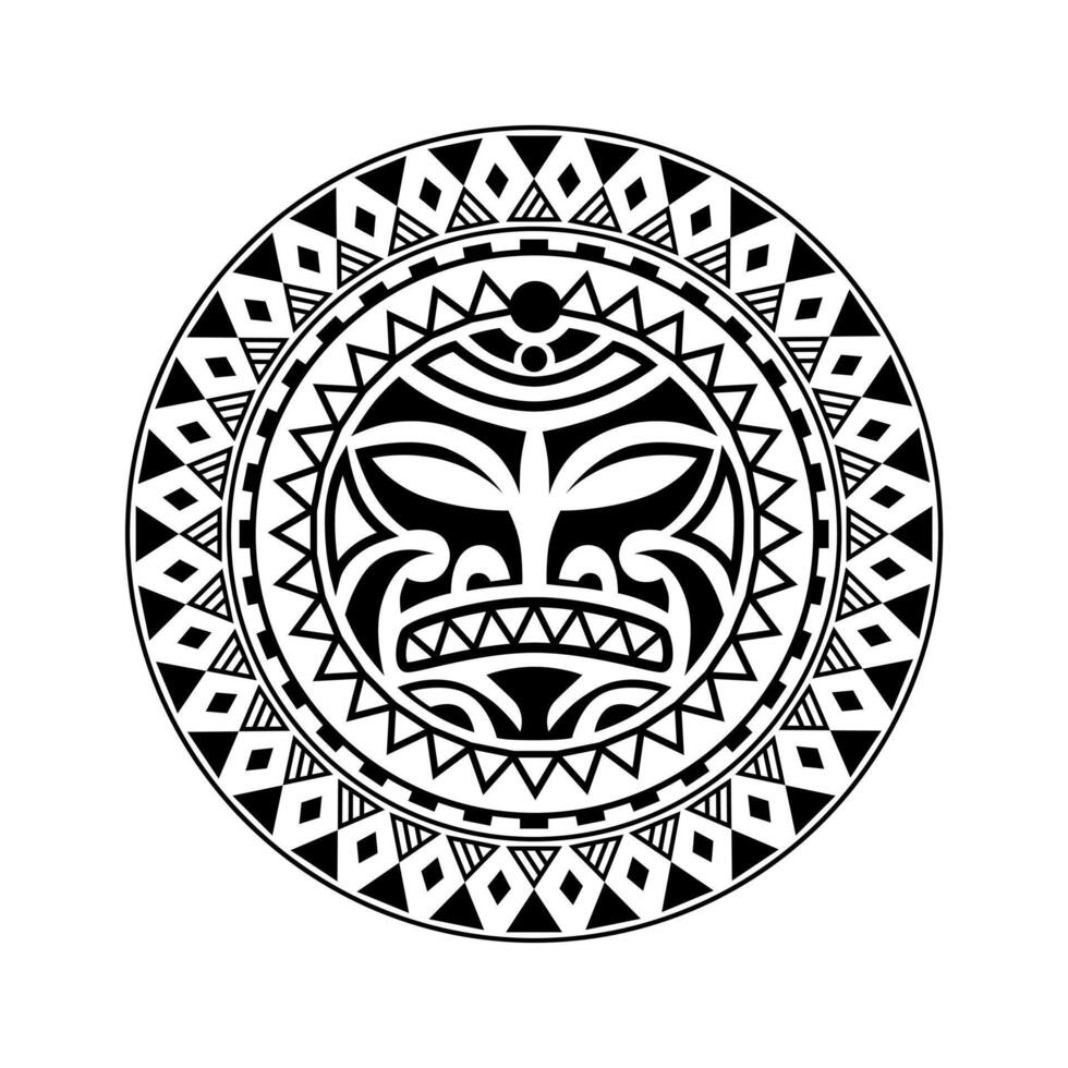 Round tattoo ornament with sun face maori style. African, aztecs or mayan ethnic mask. vector