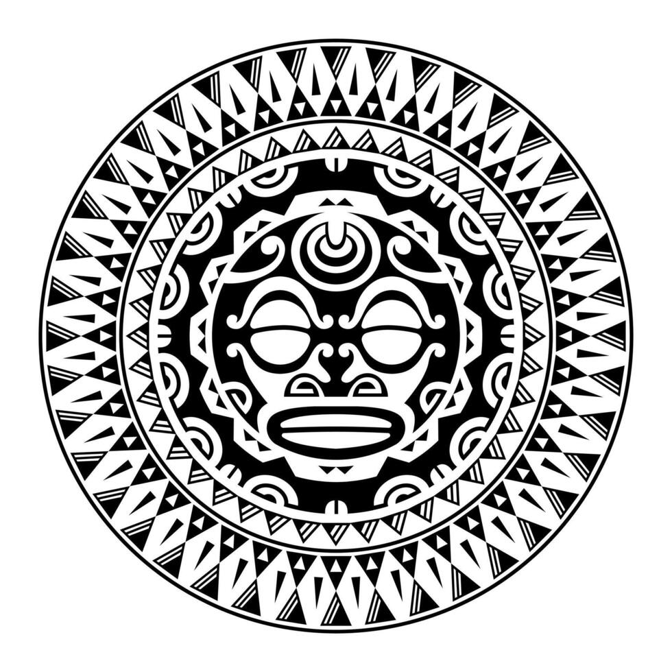 Round tattoo ornament with sun face maori style. African, aztecs or mayan ethnic mask. vector