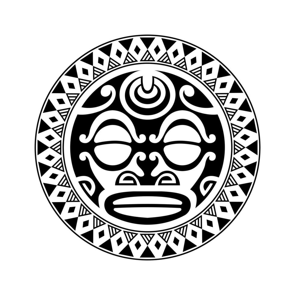 Round tattoo ornament with sun face maori style. African, aztecs or mayan ethnic mask. vector
