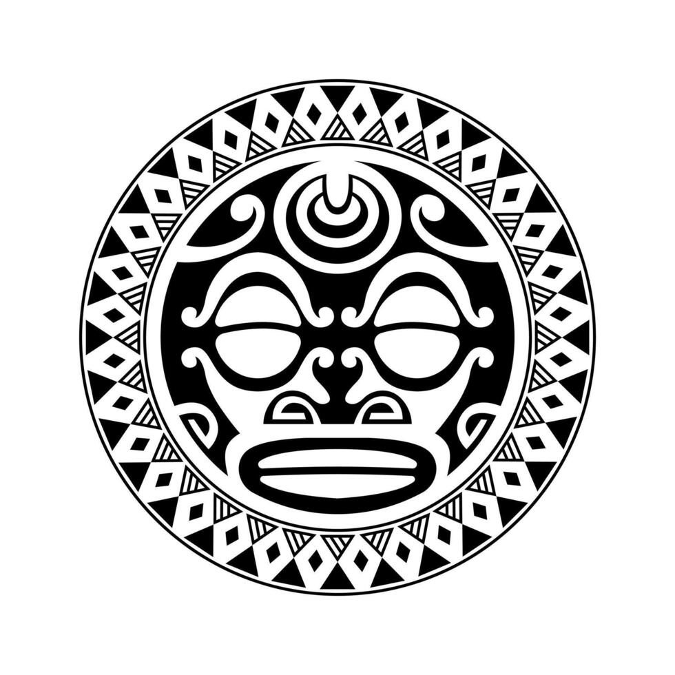 Round tattoo ornament with sun face maori style. African, aztecs or mayan ethnic mask. vector