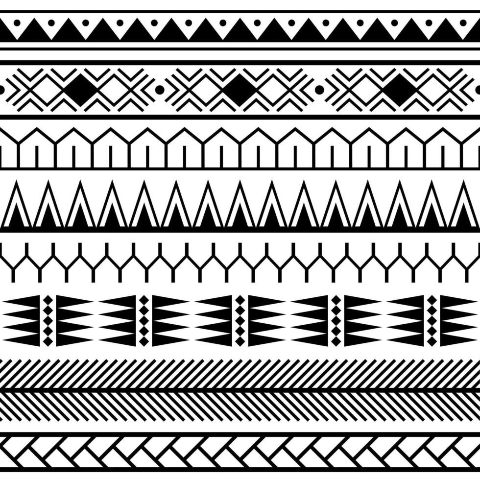 Set of vector ethnic seamless pattern in maori tattoo style. Geometric border with decorative ethnic elements. Horizontal pattern.