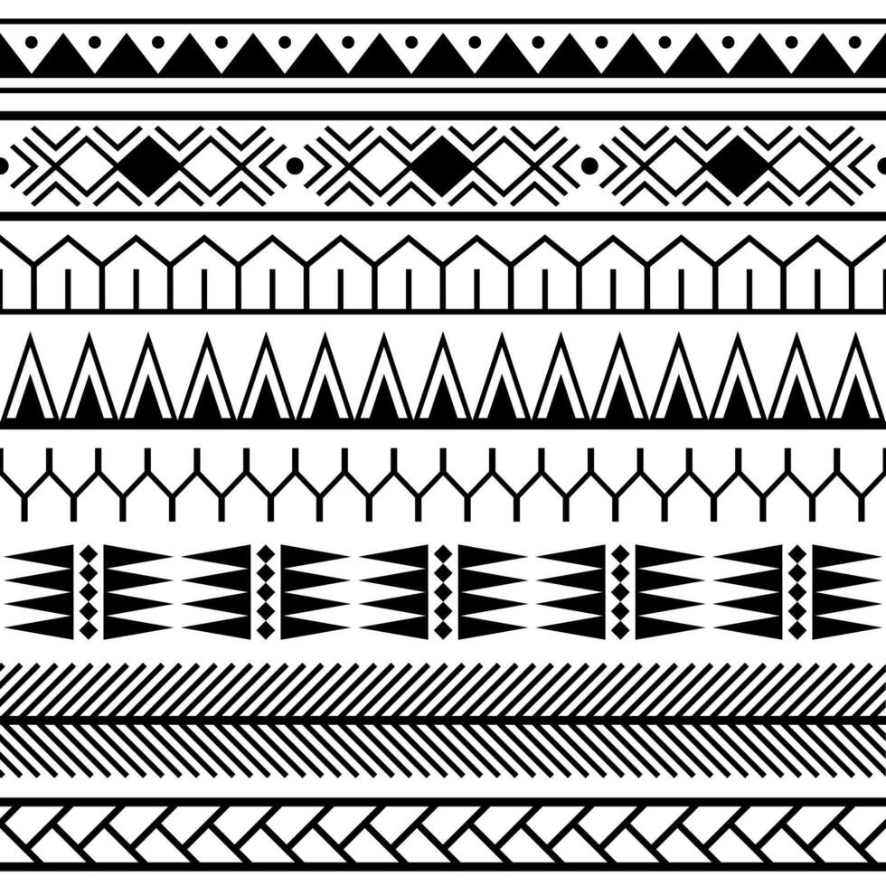 Set of vector ethnic seamless pattern in maori tattoo style. Geometric border with decorative ethnic elements. Horizontal pattern.