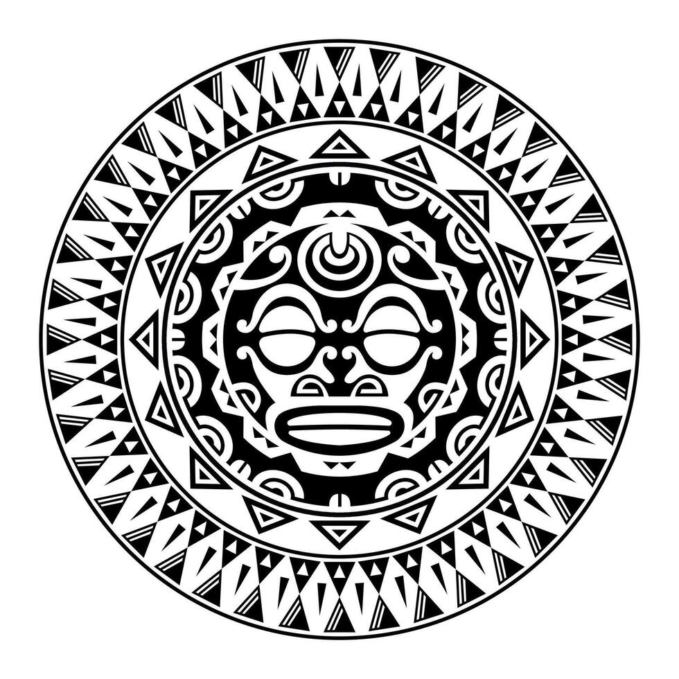 adorno de tatuaje redondo con cara de sol estilo maorí. máscara étnica africana, azteca o maya. vector