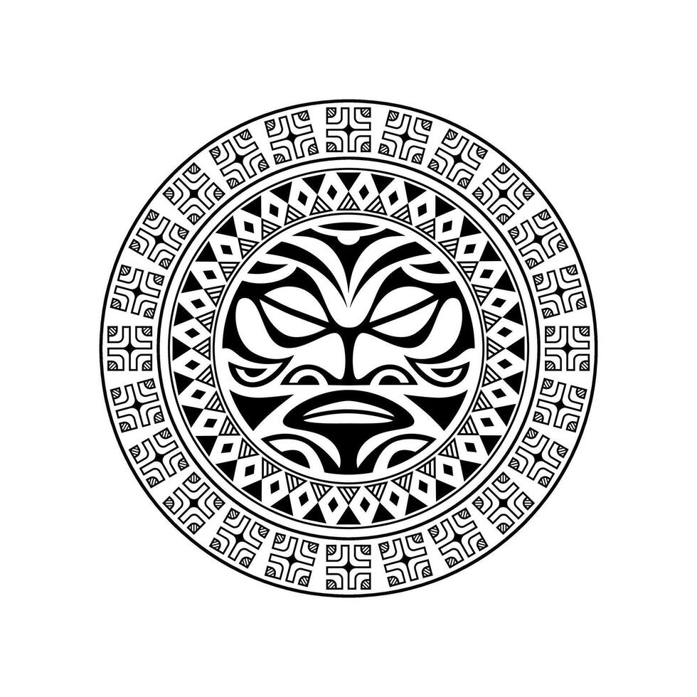 Round tattoo ornament with sun face maori style. African, aztecs or mayan ethnic mask. vector