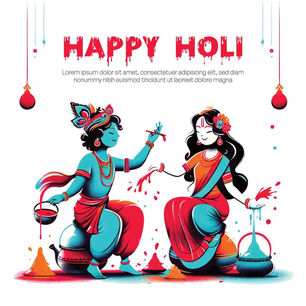 hermosa obra de arte de holi festival con radha y Krishna jugando hola, holi festival modelo vector