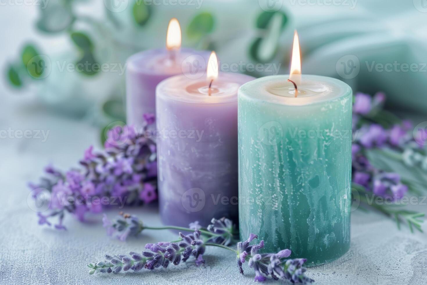 AI generated Violet and mint green candles with lavender flowers on background. Generative AI photo