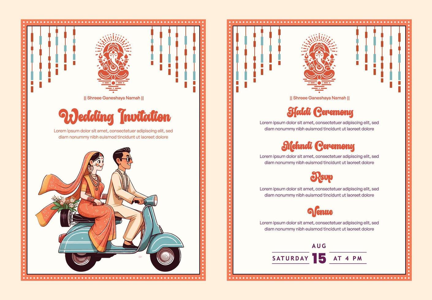 Indian wedding invitation template with cute couple on scooter vector