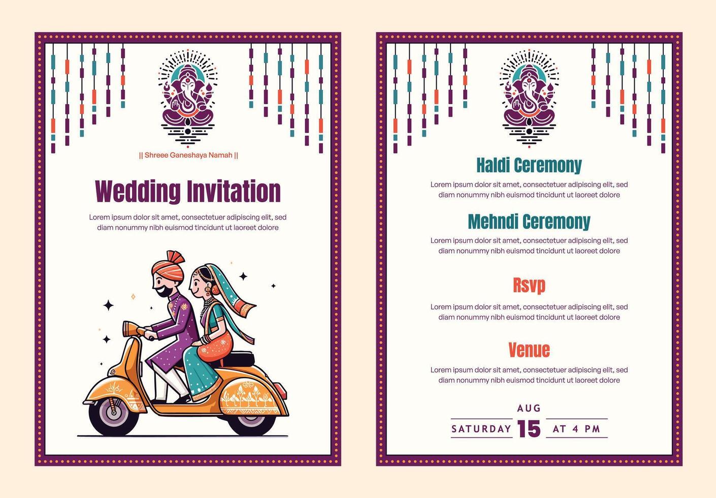 Indian wedding invitation template with cute couple on scooter vector