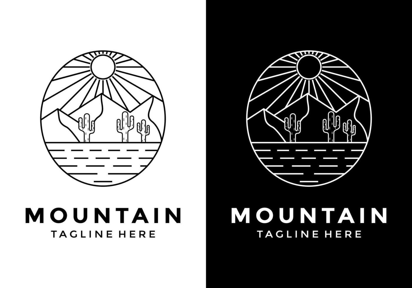 Line art logo design illustration desert mountains with cactus and sun vector