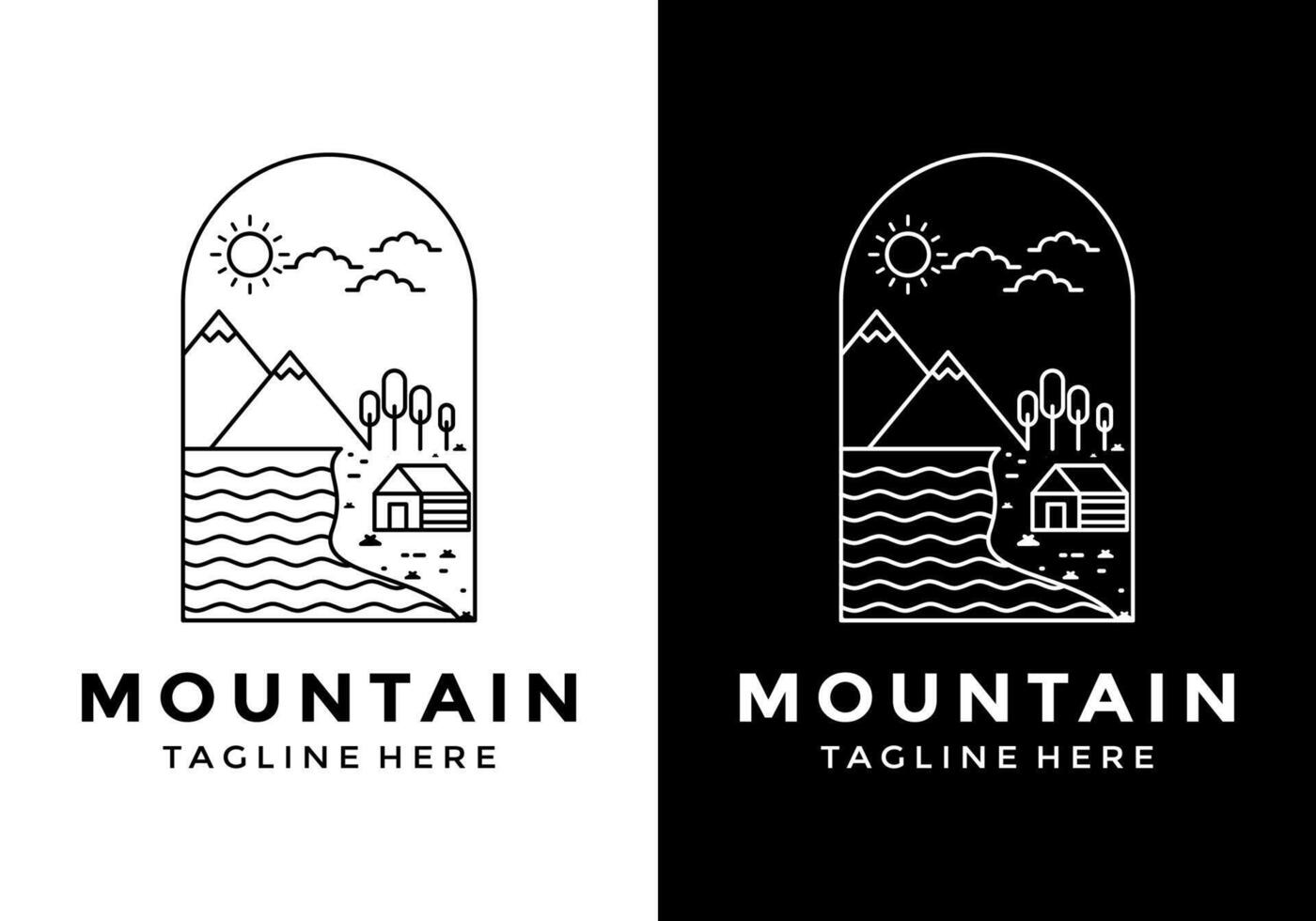 line art mountain, tree and sun logo design for Hipster Adventure Travel vector
