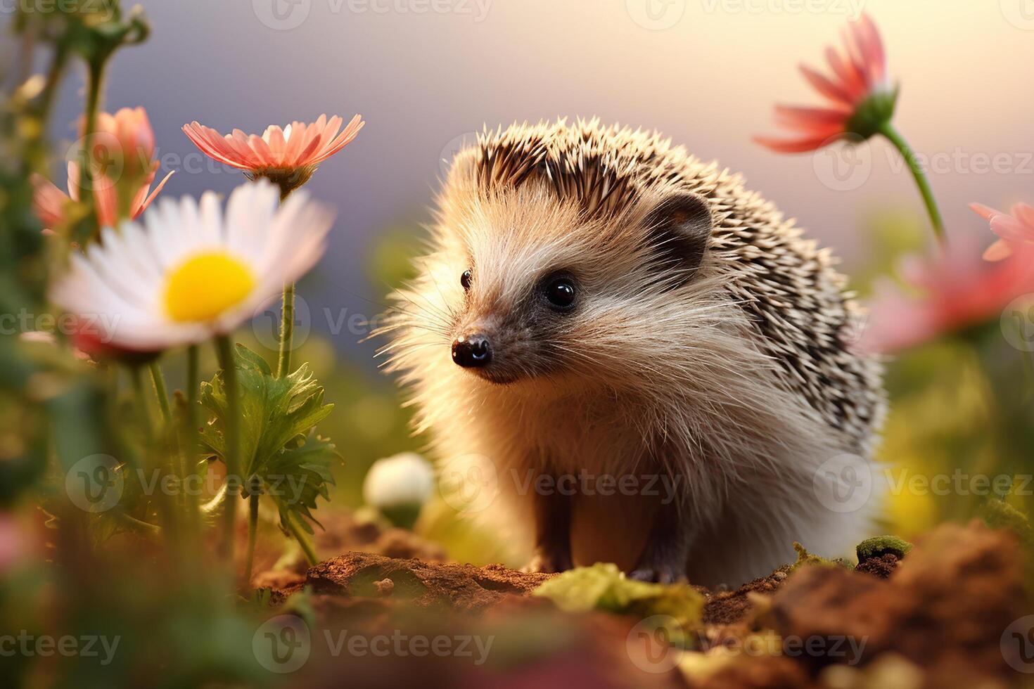 AI generated Cute Hedgehog Playing in a Flowering Meadow photo