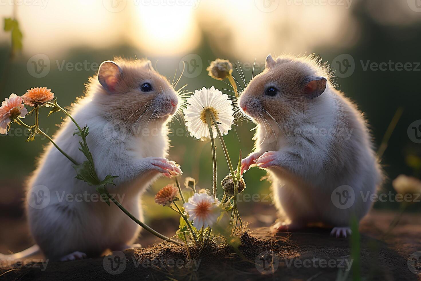 ai generado linda pequeño hámsters jugando en un jardín foto