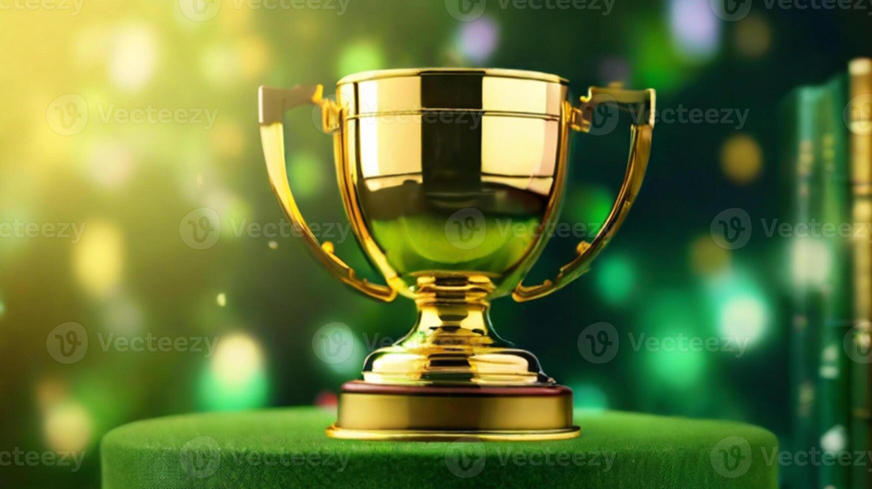 ai generado dorado taza premio premio trofeo para ganador campeón competencia Copiar espacio para texto en bokeh antecedentes foto