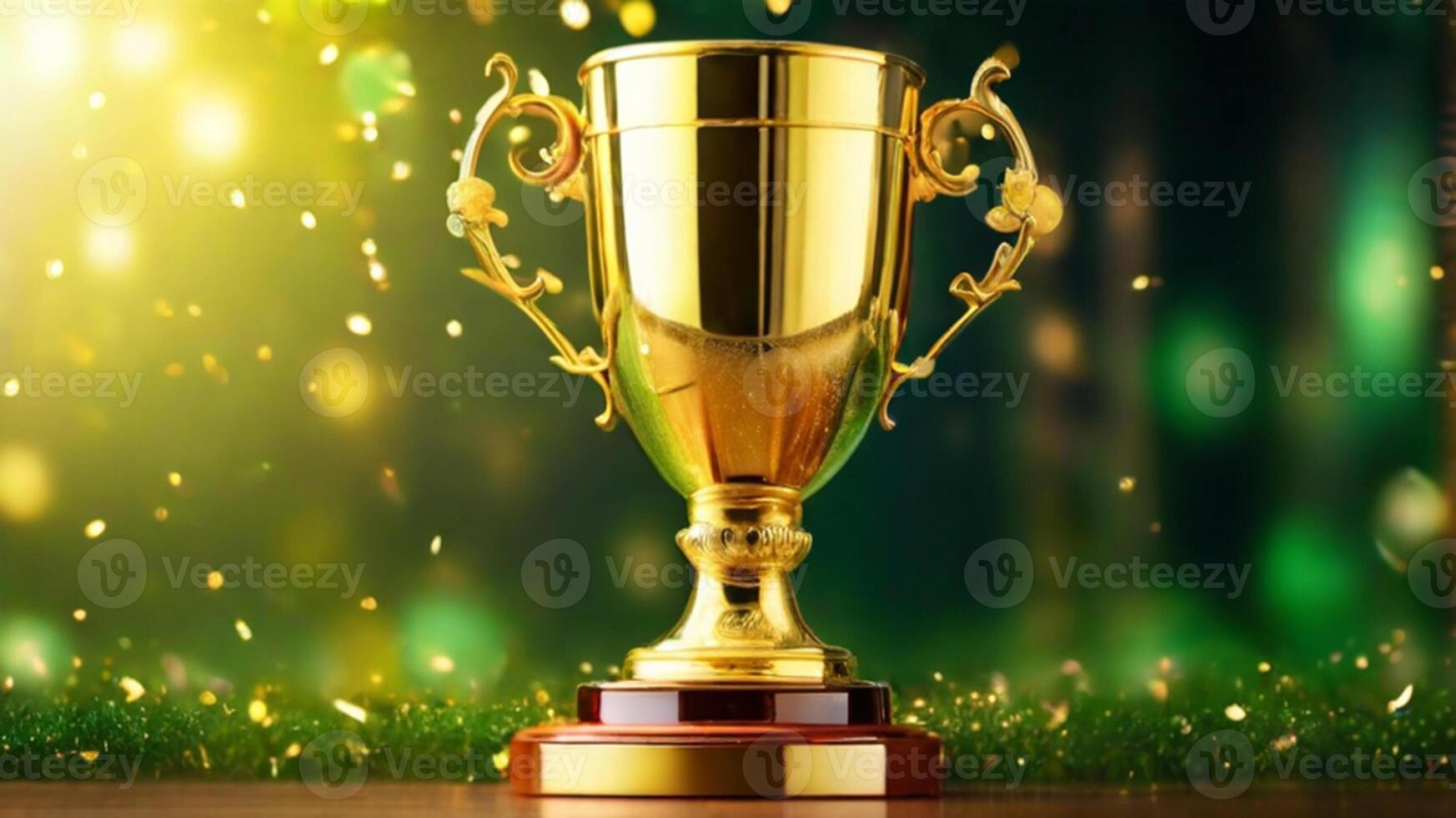 ai generado dorado taza premio premio trofeo para ganador campeón competencia Copiar espacio para texto en bokeh antecedentes foto