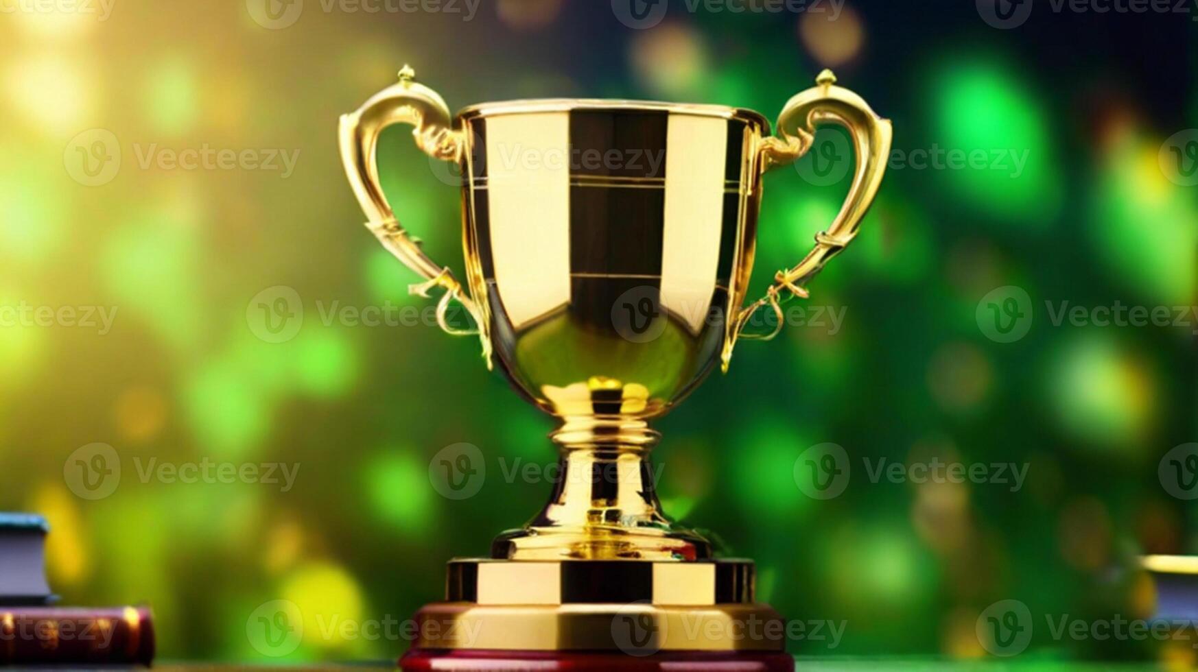 ai generado dorado taza premio premio trofeo para ganador campeón competencia Copiar espacio para texto en bokeh antecedentes foto