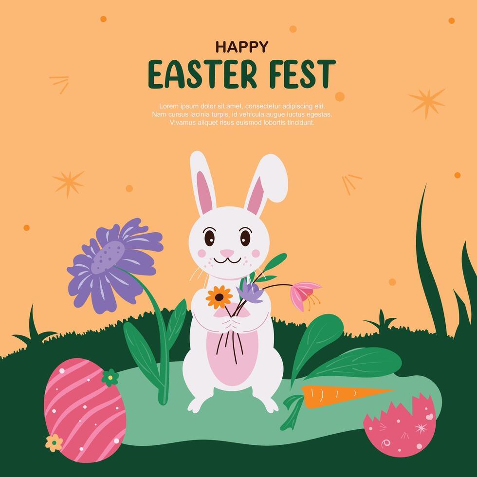Happy Easter Day Post With Cute Bunny Flat Illustration For Social Media, Greeting Card or Web Ads vector