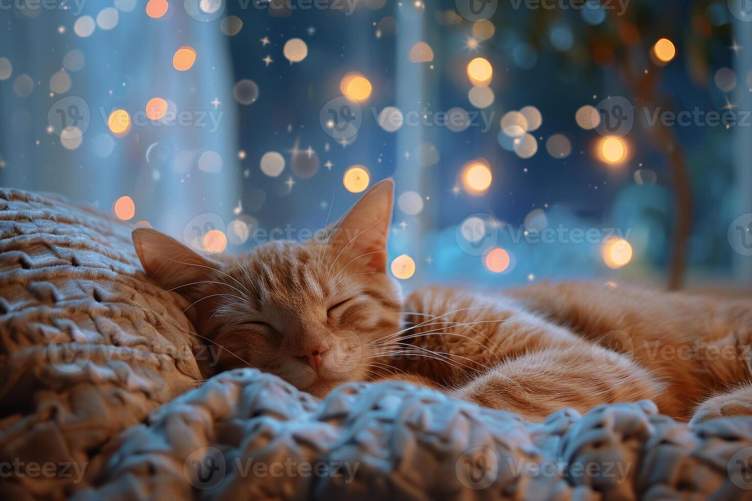 AI generated Adorable cat asleep in a serene bedroom photo