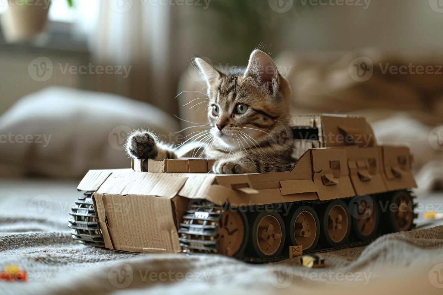 AI generated Adorable little cat in a cardboard tank photo