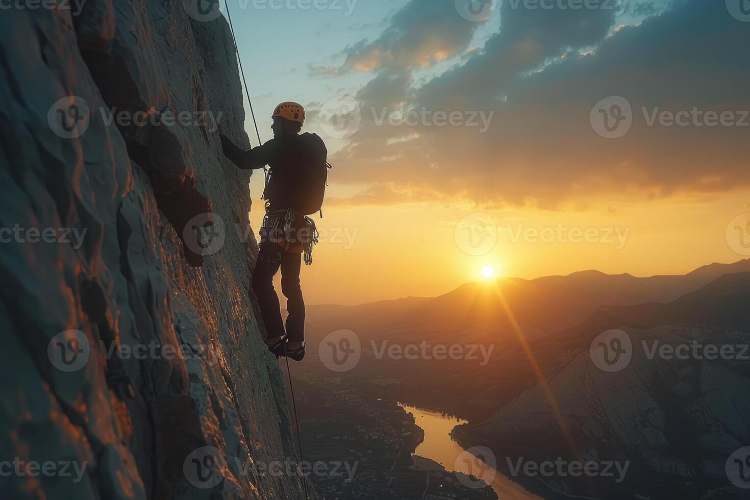 AI generated Climbing Adventure at Dusk. Climbers ascending a snow-covered cliff face during a winter sunset. photo