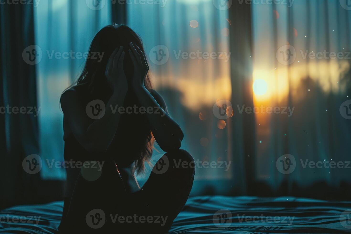 AI generated Depression woman sadly and serious have problems mental health. sits in contemplation by a window, with the sunset casting a warm glow inside the room. Depressed health concept. photo