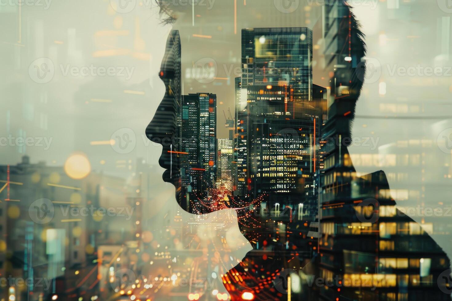 AI generated Silhouette of Businessman Merged with Cityscape. Artistic double exposure of a man's profile and a bustling city skyline. Business concept. photo