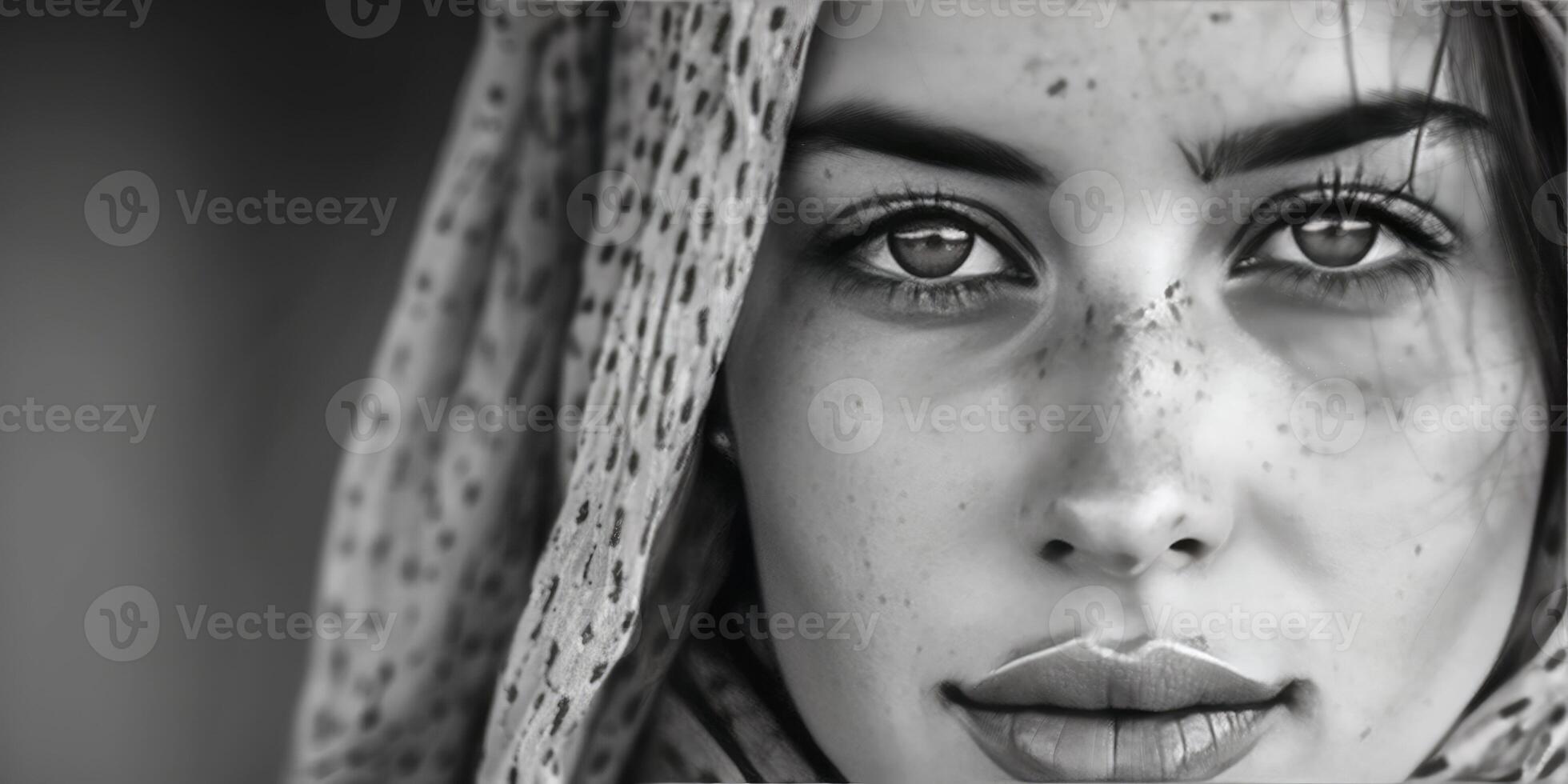 AI generated Elegant Grace. Black and White Photography Showcasing the Beautiful Features of an Arab Girl, Capturing Timeless Beauty and Sophistication. photo