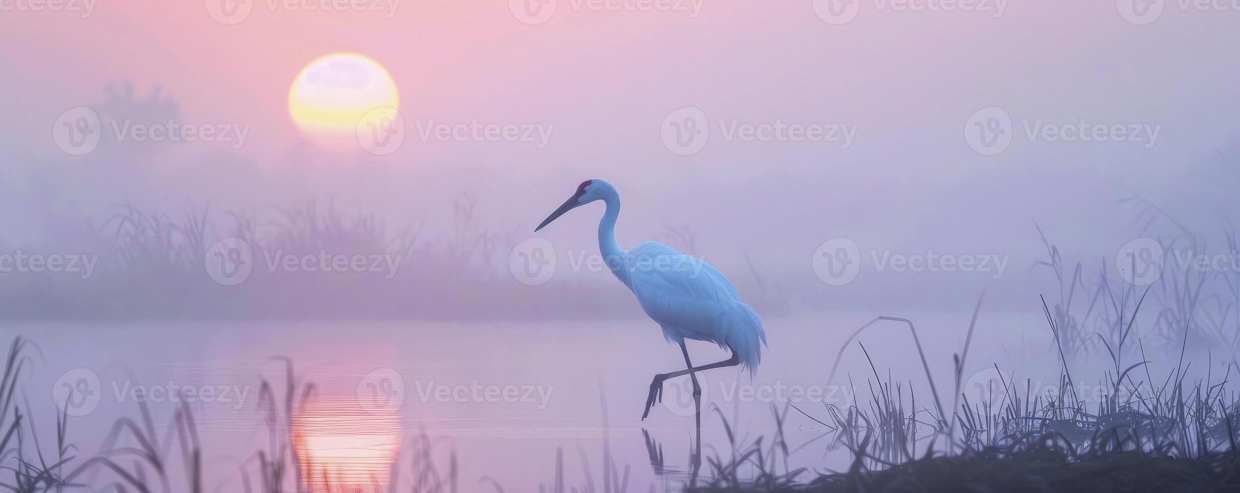 AI generated Misty Sunrise Over Waterland Crane Colorful Palette photo