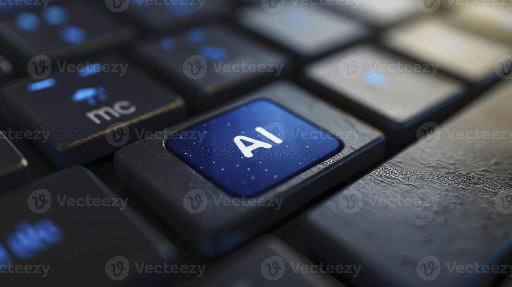 AI generated Capturing the Essence, Macro Photography of the Blue AI Key, Symbolizing the Integration of Artificial Intelligence into Modern Digital Interactions photo