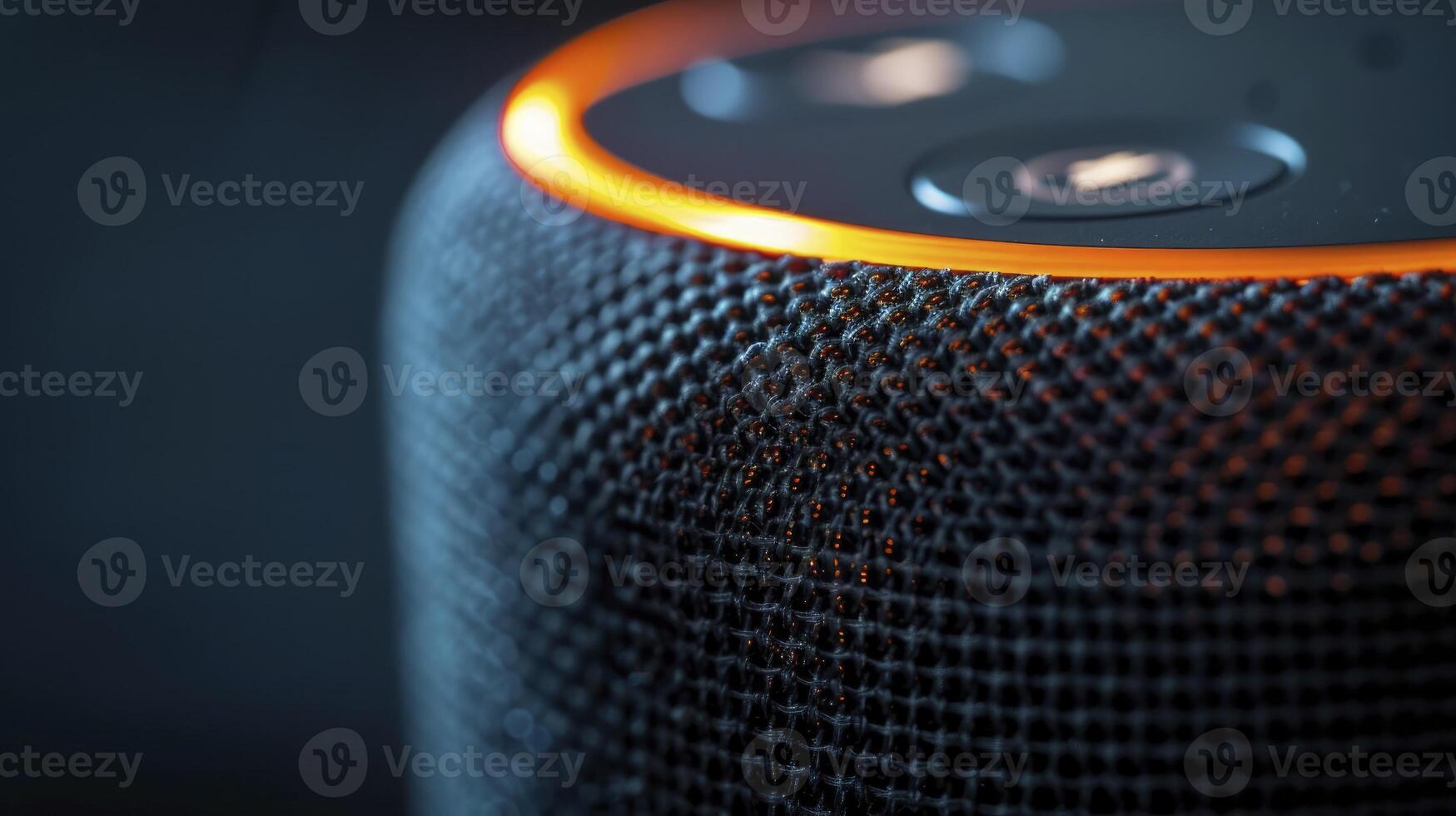 AI generated Close-Up of Smart Speaker, its Voice Command Indicators Illuminated, Ready to Respond photo