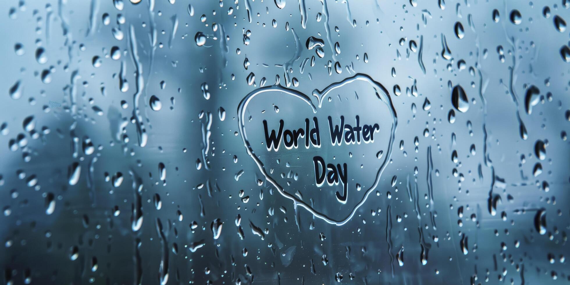 AI generated Rainy Reflections, Glass Window Adorned with Water Droplets on a Foggy Day, Featuring a Simple Heart Drawing with World Water Day Inside photo