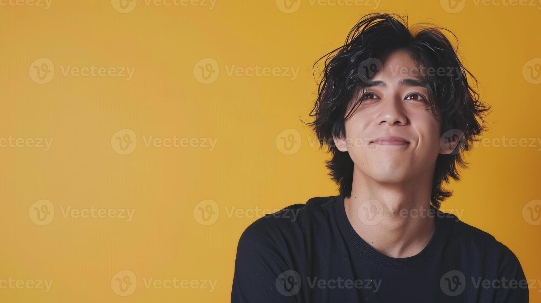 AI generated Cool and beautiful Japanese actor 30 years old, modern hairstyle on bright yellow background photo