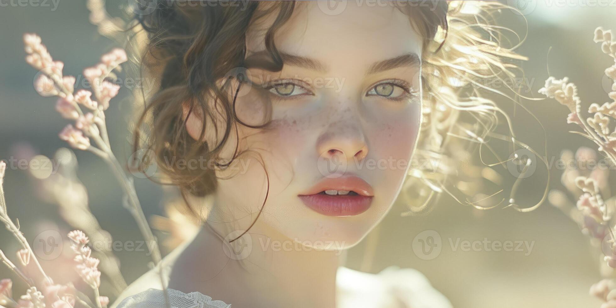 AI generated Captivating Beauty Close-Up Portrait of a Young Girl, Radiating Youthfulness and Grace. photo