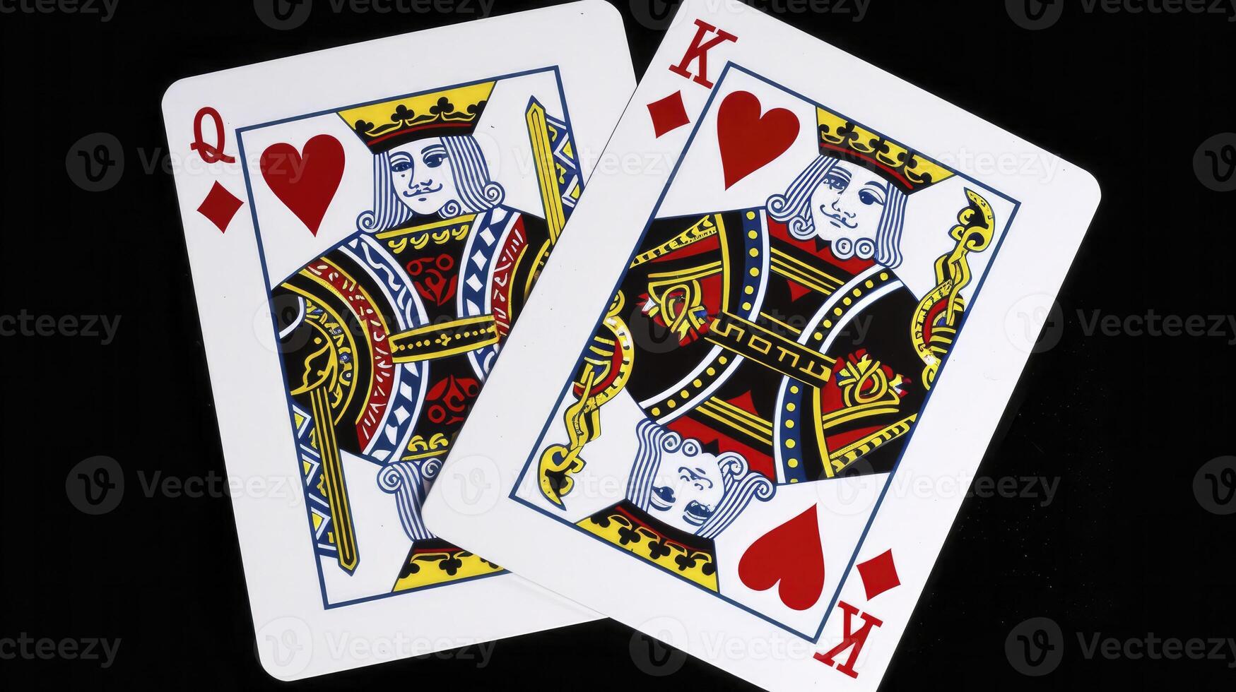 AI generated Hearts Royalty. Two Playing Cards Featuring the Queen and King of Hearts, Symbolizing Romance and Royalty in the Deck. photo