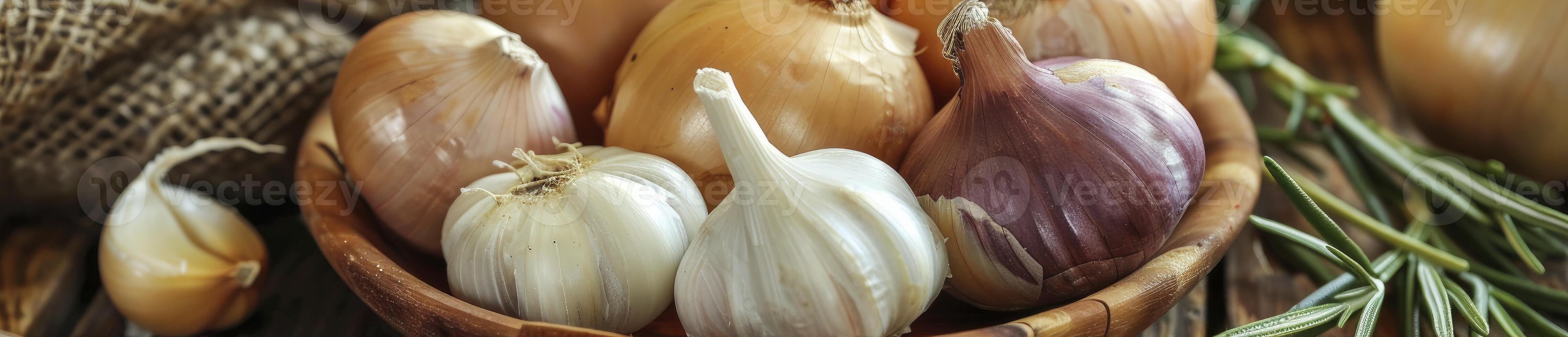 AI generated Top view of onions and garlic photo