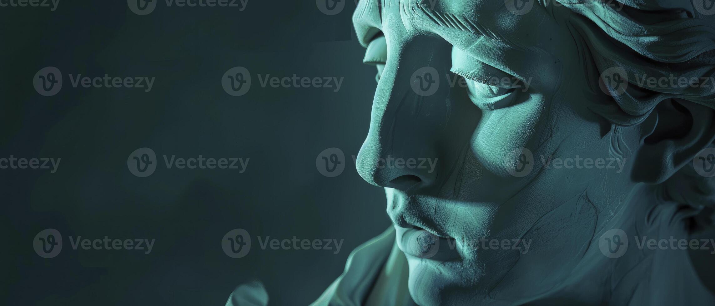 AI generated Reflective Sorrow. A Greek Plaster Figure's Sad Face Gazes Downward, Deep in Thought. photo