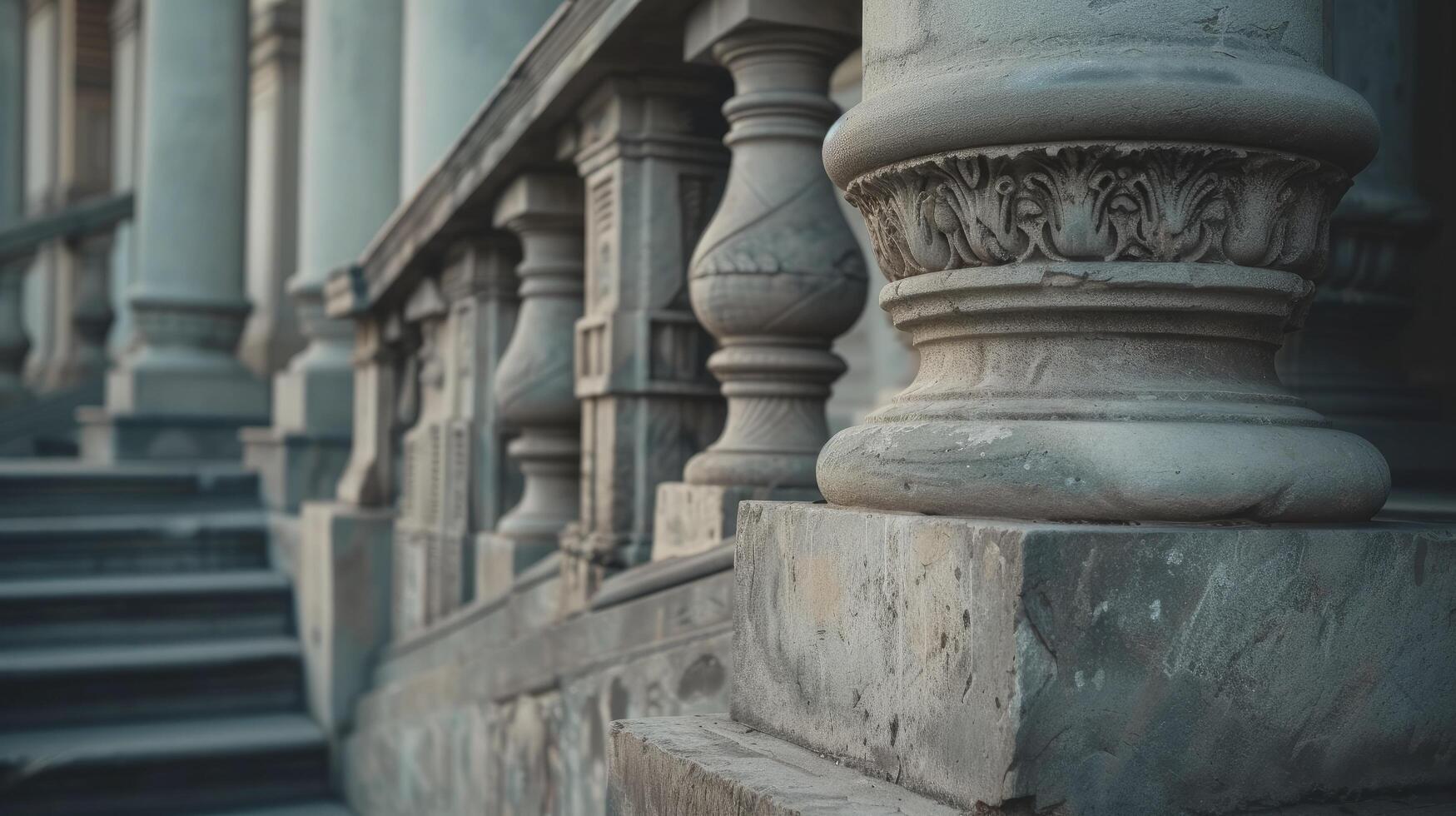 AI generated Pillars of Tradition. Detailed Stone Columns and Staircase Adorn the Classical Facade of the Building. photo