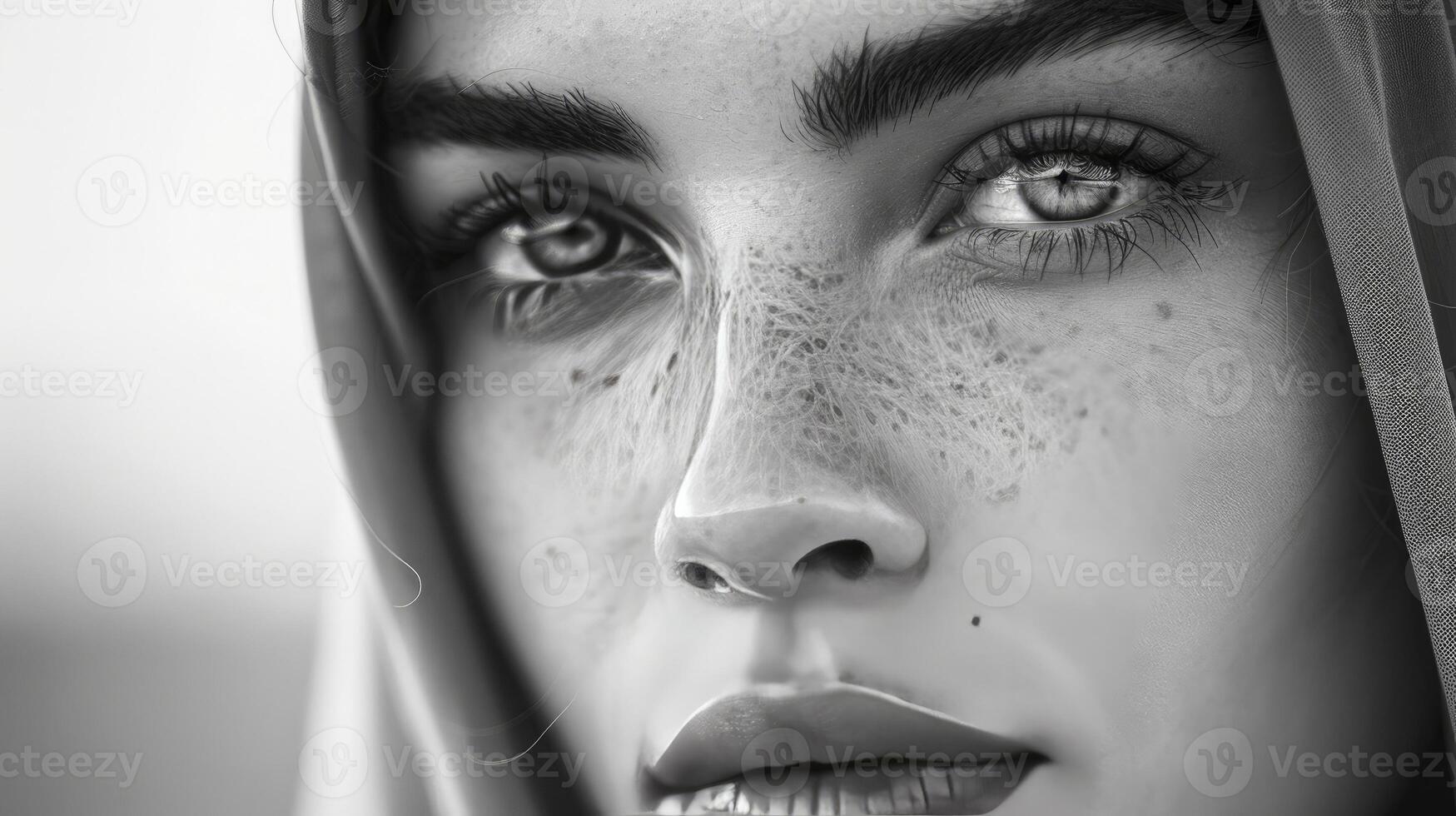 AI generated Elegant Grace. Black and White Photography Showcasing the Beautiful Features of an Arab Girl, Capturing Timeless Beauty and Sophistication. photo