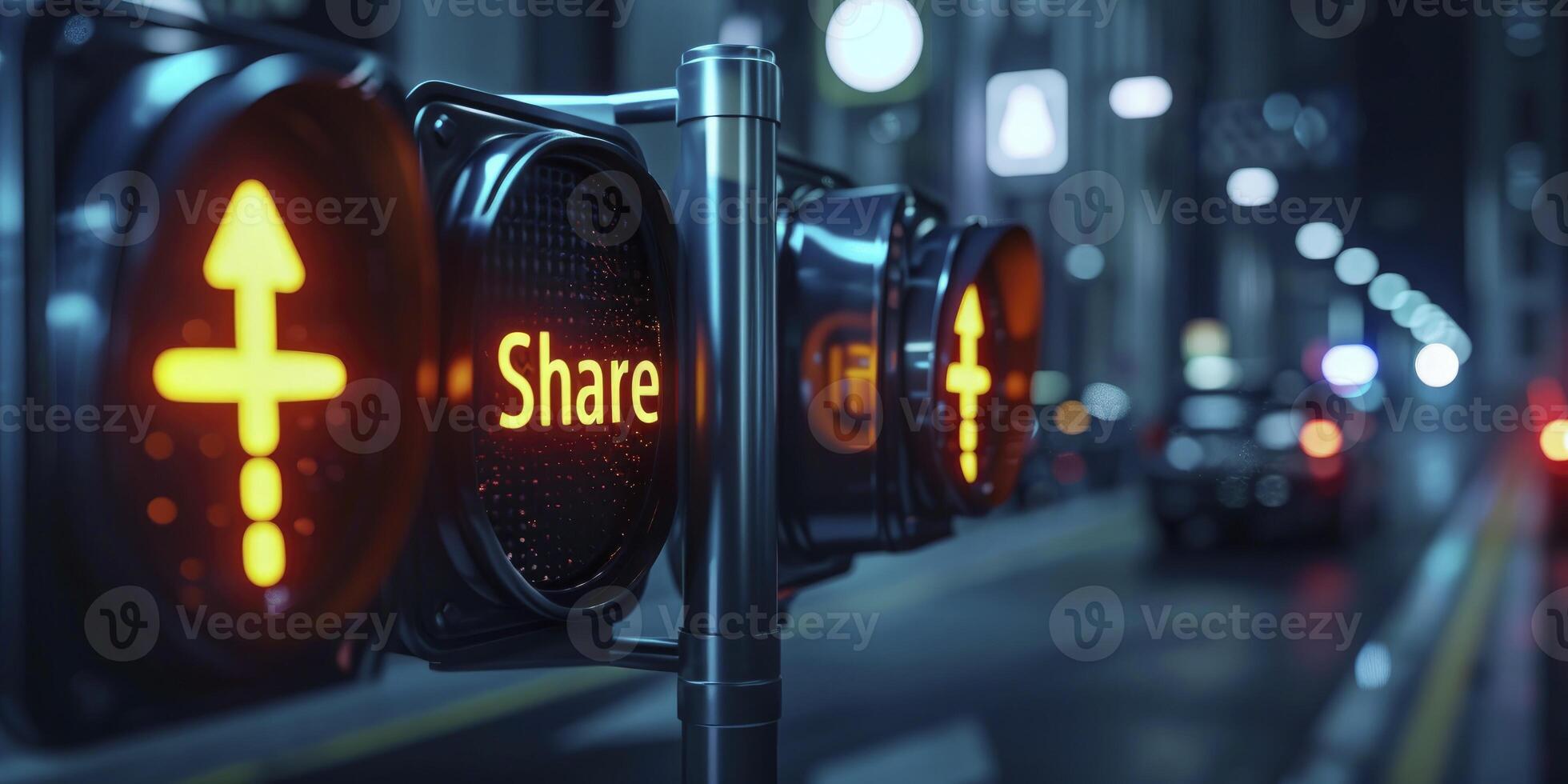 AI generated Engagement Concept, Traffic Lights Displaying Like, Share, Follow Texts photo