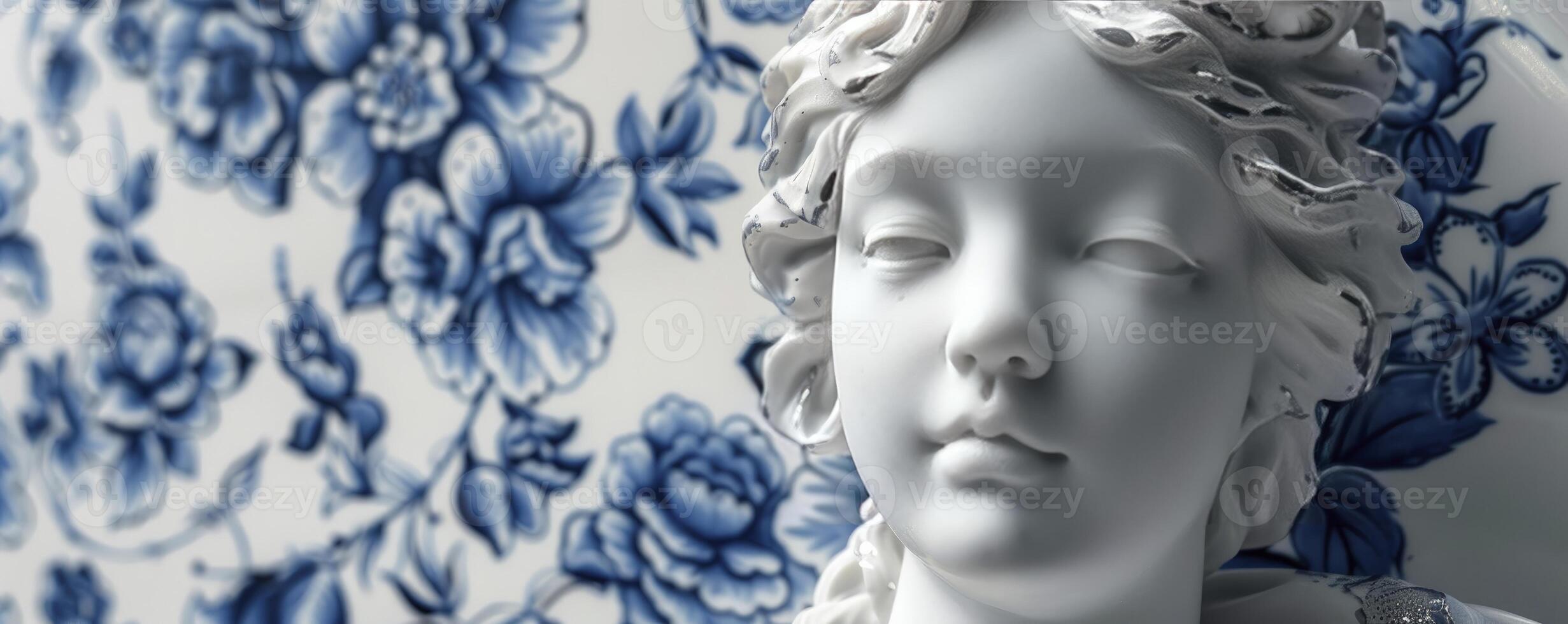 AI generated Baroque Elegance. Sculpted Female Figure Adorned with Surface Blue and White Porcelain Patterns, Exuding Timeless Beauty and Grace. photo