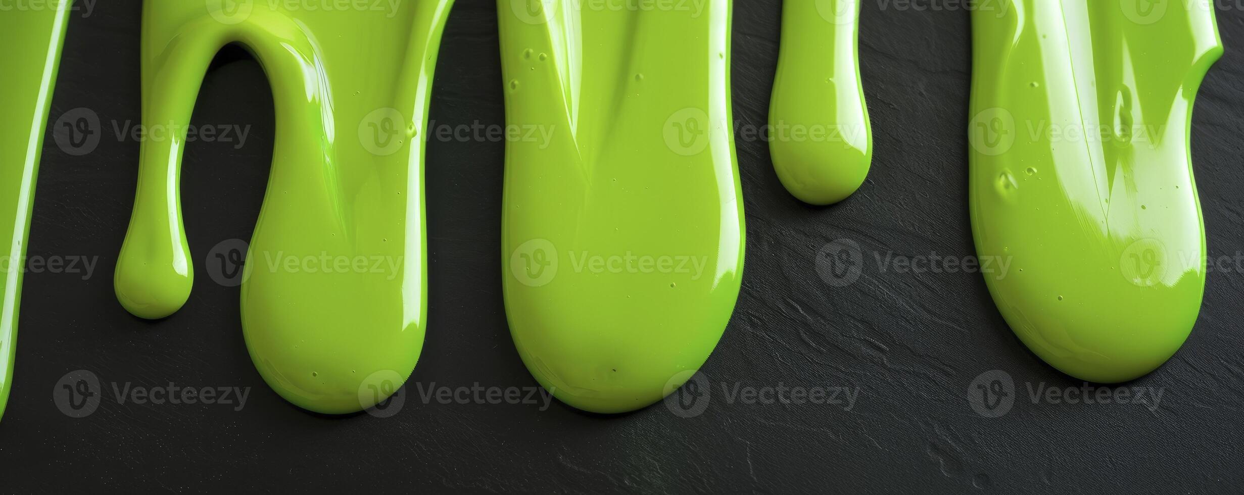 AI generated Viscous Green Fluid. Flowing Vertically in Smooth, Wavy Drips on a Black Surface photo